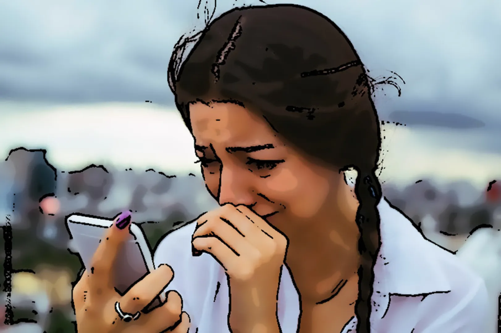 College girl crying with phone
